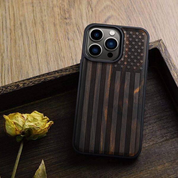 Carveit Magnetic Wood Case for iPhone 14 Pro (American Flag -Blackwood)