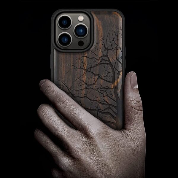 Carveit Magnetic Wood Case for iPhone 14 Pro Max [Natural Wood & Black Soft TPU] (Eternal Tree -Blackwood)