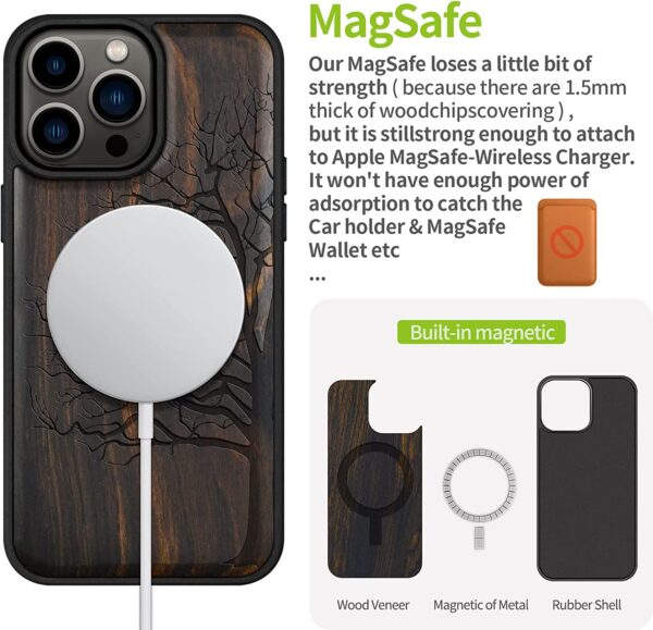 Carveit Magnetic Wood Case for iPhone 14 Pro Max [Natural Wood & Black Soft TPU] (Eternal Tree -Blackwood)