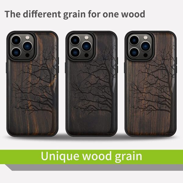 Carveit Magnetic Wood Case for iPhone 14 Pro Max [Natural Wood & Black Soft TPU] (Eternal Tree -Blackwood)