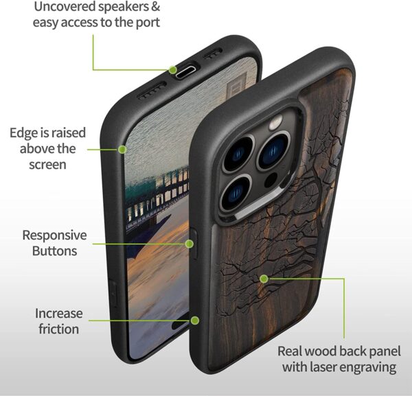 Carveit Magnetic Wood Case for iPhone 14 Pro Max [Natural Wood & Black Soft TPU] (Eternal Tree -Blackwood)