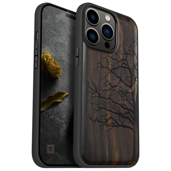 Carveit Magnetic Wood Case for iPhone 14 Pro Max [Natural Wood & Black Soft TPU] (Eternal Tree -Blackwood)