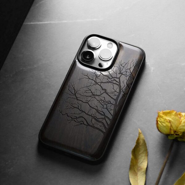 Carveit Magnetic Wood Case for iPhone 14 Pro Max [Natural Wood & Black Soft TPU] (Eternal Tree -Blackwood)