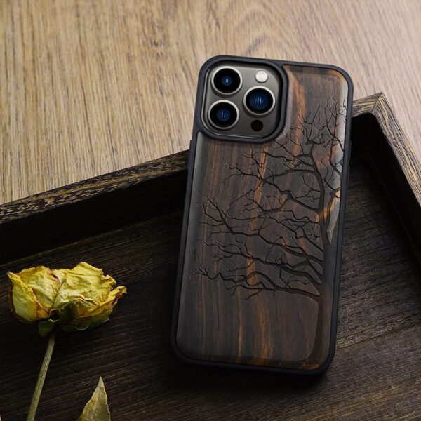 Carveit Magnetic Wood Case for iPhone 14 Pro Max [Natural Wood & Black Soft TPU] (Eternal Tree -Blackwood)