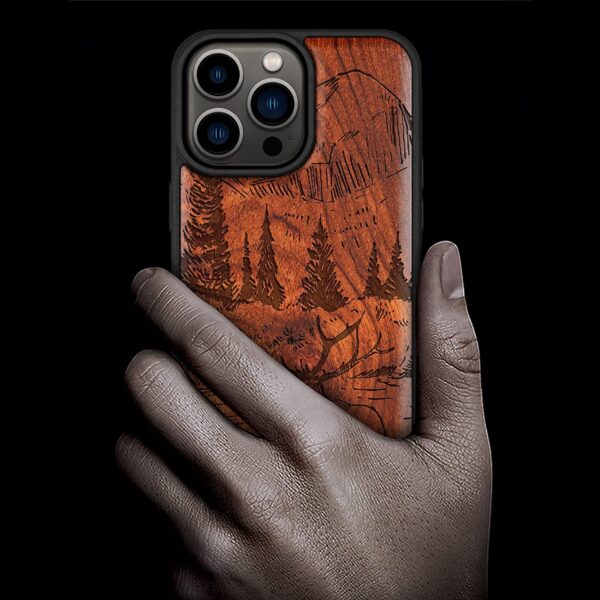 Carveit Magnetic Wood Case for iPhone 14 Pro Max [Natural Wood & Black Soft TPU], (Mountains and Deer -Rosewood)