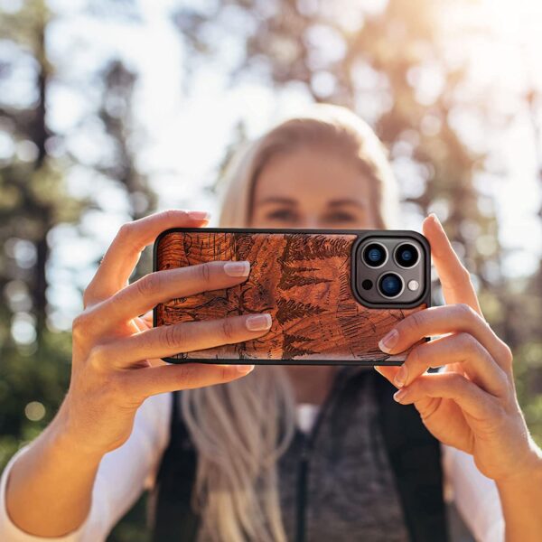 Carveit Magnetic Wood Case for iPhone 14 Pro Max [Natural Wood & Black Soft TPU], (Mountains and Deer -Rosewood)