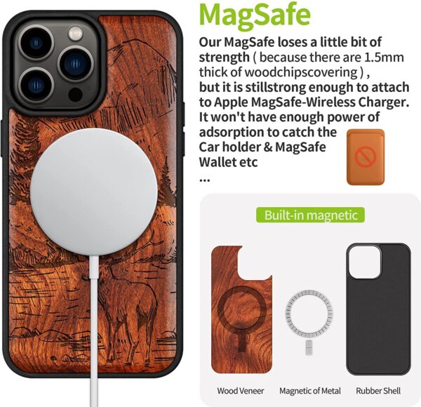 Carveit Magnetic Wood Case for iPhone 14 Pro Max [Natural Wood & Black Soft TPU], (Mountains and Deer -Rosewood)