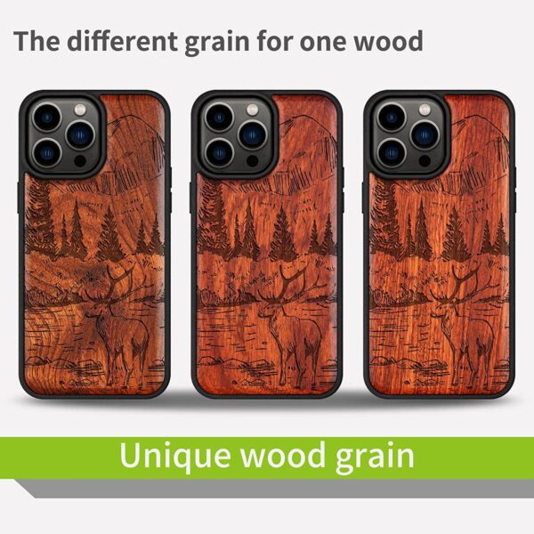 Carveit Magnetic Wood Case for iPhone 14 Pro Max [Natural Wood & Black Soft TPU], (Mountains and Deer -Rosewood)