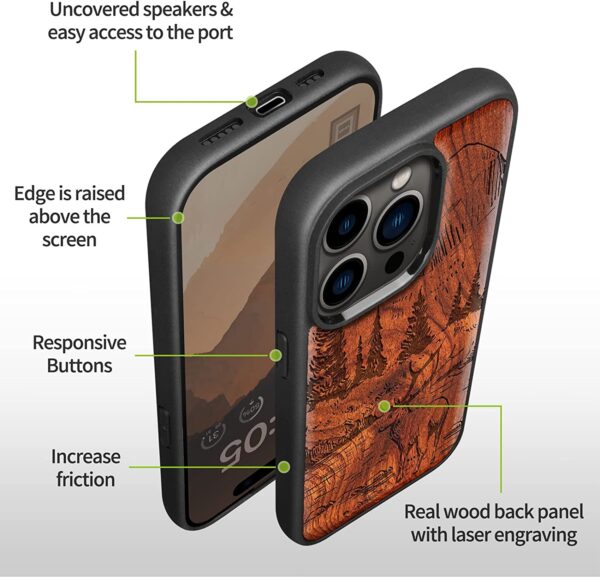 Carveit Magnetic Wood Case for iPhone 14 Pro Max [Natural Wood & Black Soft TPU], (Mountains and Deer -Rosewood)