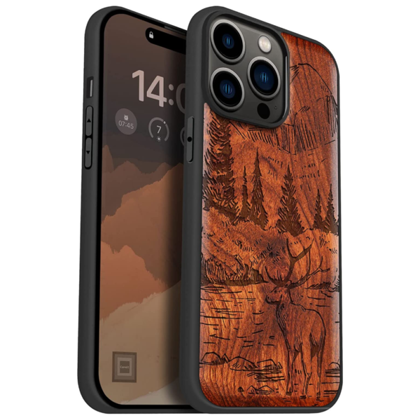 Carveit Magnetic Wood Case for iPhone 14 Pro Max [Natural Wood & Black Soft TPU], (Mountains and Deer -Rosewood)