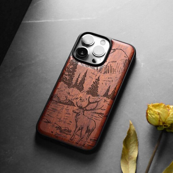 Carveit Magnetic Wood Case for iPhone 14 Pro Max [Natural Wood & Black Soft TPU], (Mountains and Deer -Rosewood)