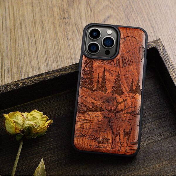 Carveit Magnetic Wood Case for iPhone 14 Pro Max [Natural Wood & Black Soft TPU], (Mountains and Deer -Rosewood)