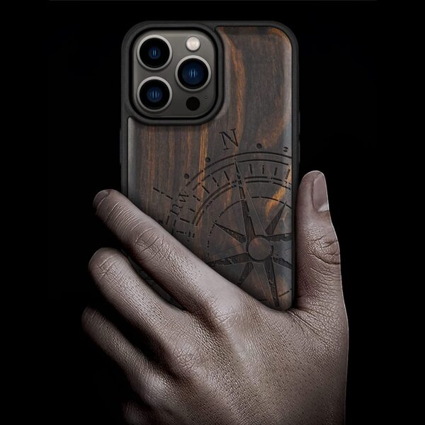 Carveit Magnetic Wood Case for iPhone 14 Pro Max (Vintage Compass -Blackwood)