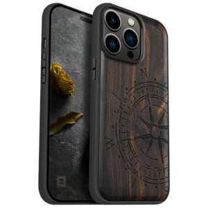 Carveit Magnetic Wood Case for iPhone 14 Pro Max (Vintage Compass -Blackwood)