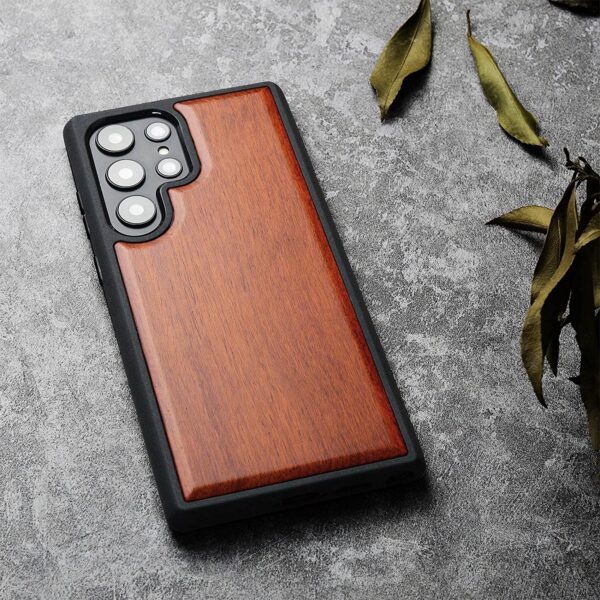 Carveit Wood Case for Galaxy S23 Ultra [Natural Wood & Black Soft TPU] (Red Wood)