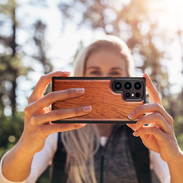 Carveit Wood Case for Galaxy S23 Ultra [Natural Wood & Black Soft TPU] (Red Wood)